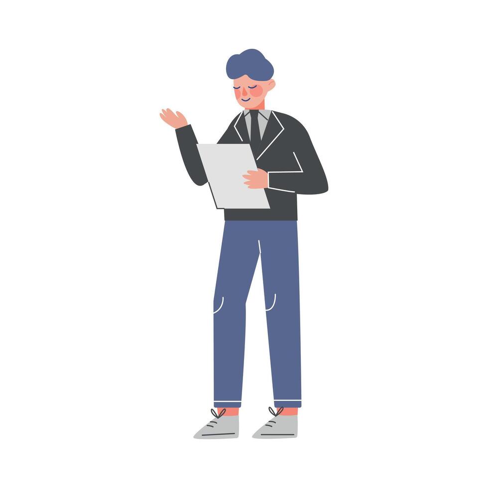 Male Business Character Standing and Reading Paper Document, Office Worker Employee Illustration vector