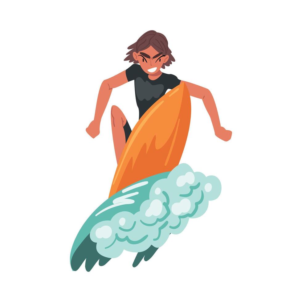 Male Surfer Riding on Ocean Wave, Extreme Hobby or Water Sport, Tourism and Recreational Activity Cartoon Style Illustration vector