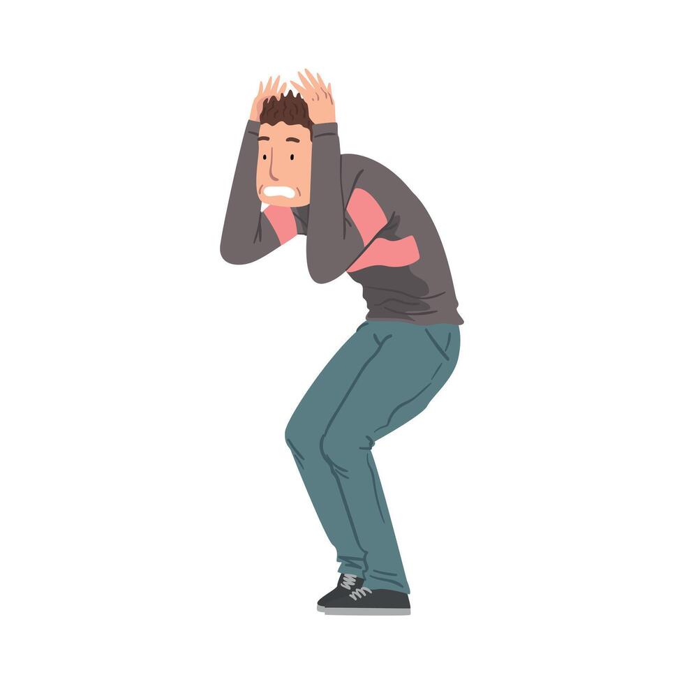 Scared and Panicked Young Man Holding Hands on Head, Anxiety or Panic Attack, Stressed or Depressed Nervous Person Illustration vector