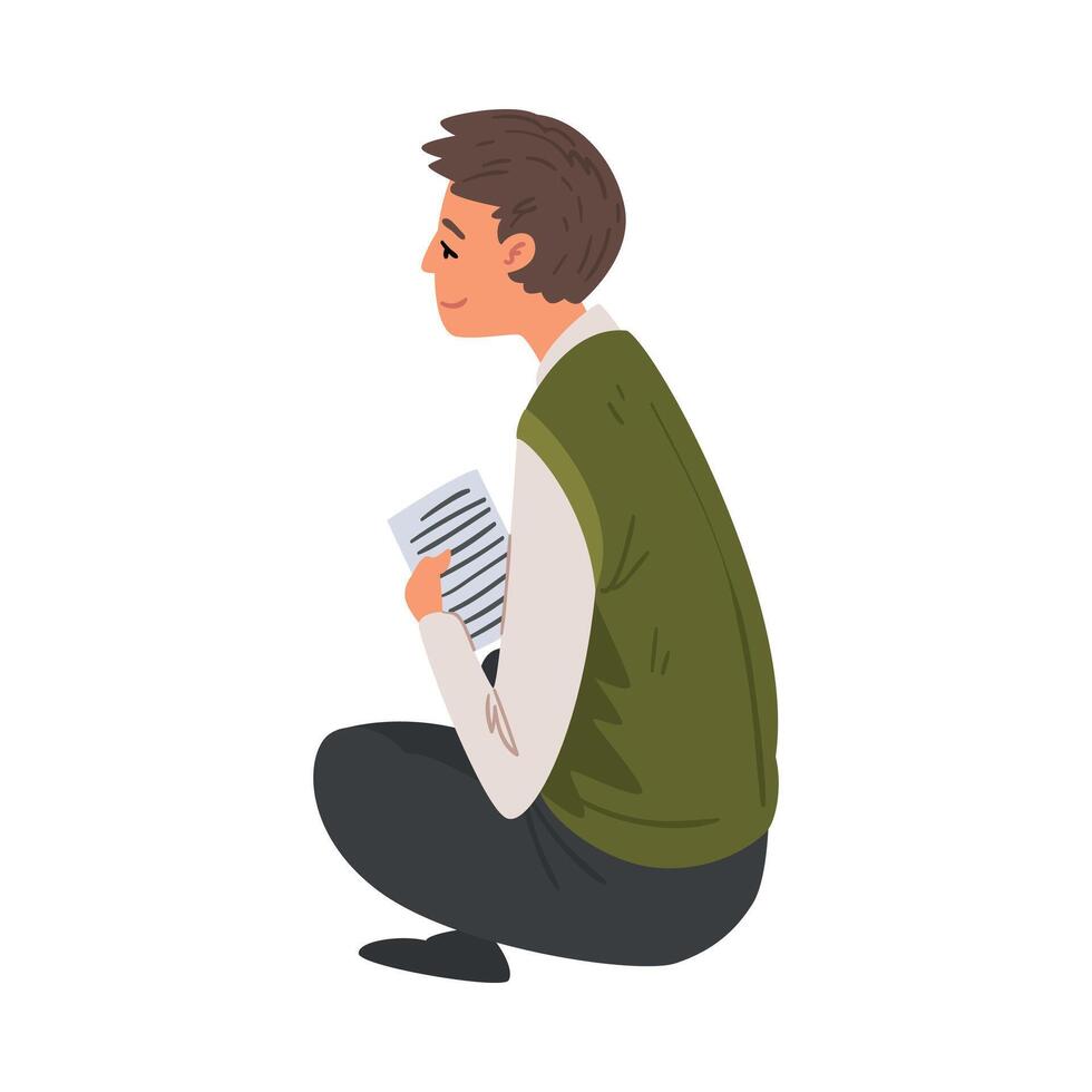Man with Sheet of Paper Sitting on the Floor, Man Chatting via the Internet or Talking Face to Face, E-learning, Online Exam Concept Illustration vector