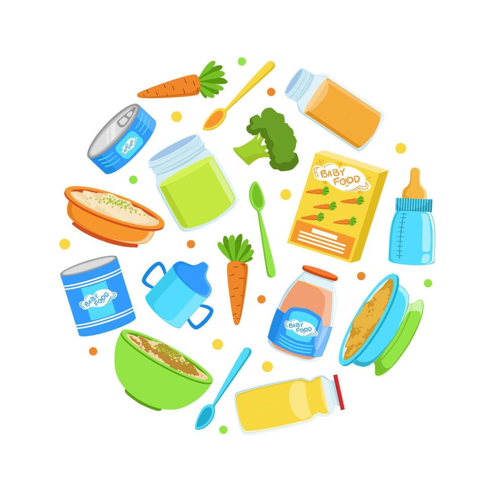 Organic Baby Food Banner Template, Healthy First Meal for Toddlers of Round Shape Illustration vector