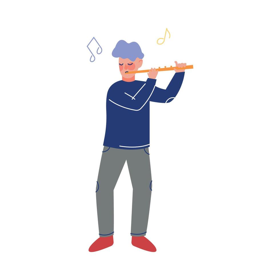 Teen Boy Playing Flute Musical Instrument, Young Talented Male Musician Character Illustration on White Background vector