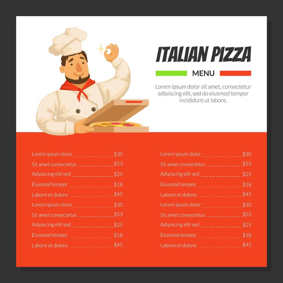 Italian Pizza Menu Template, Traditional Cuisine Dishes, Online Ordering Service, Restaurant or Cafe Menu with Cheerful Chef Character Illustration vector