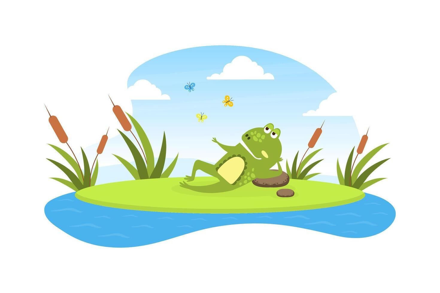 Green Funny Frog Lying on Leaf in Pond, Cute Amphibian Creature Character Posing on Lily Pad Cartoon Illustration vector