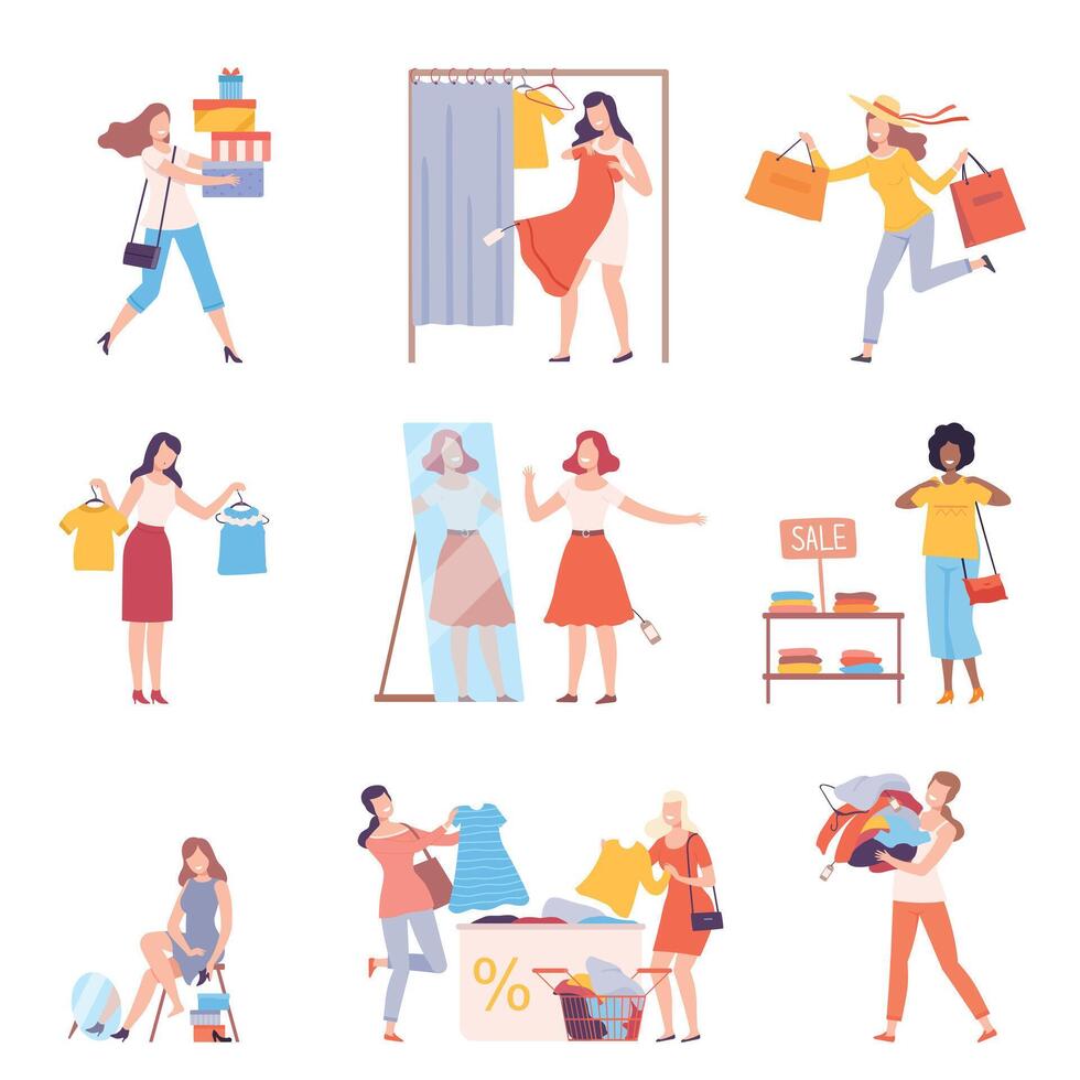 Young Women Taking Part in Seasonal Sale at Store, Mall Set, Girls Choosing, Trying On and Buying Clothes Flat Style Illustration vector
