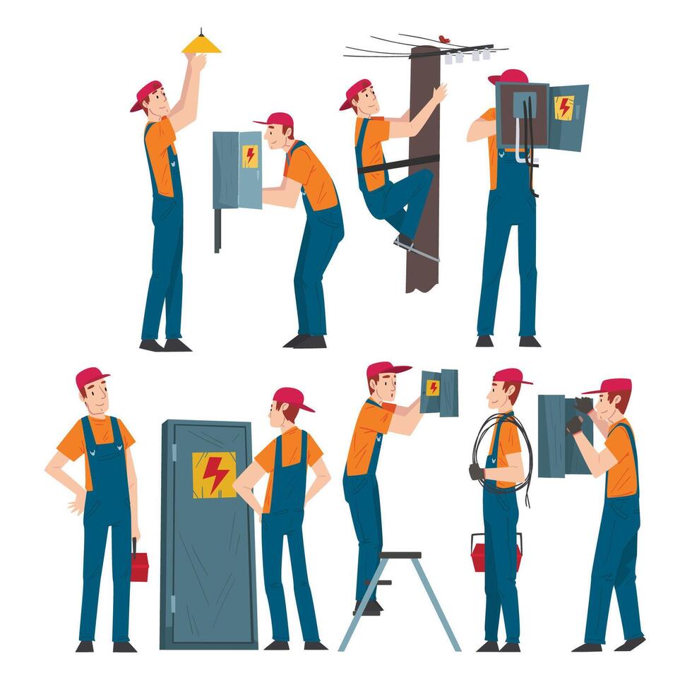 Electrical Engineers Repairing and Operating Electrical Equipment, Electricity Maintenance Professional Service Workers Characters in Uniform Cartoon Style Illustration vector