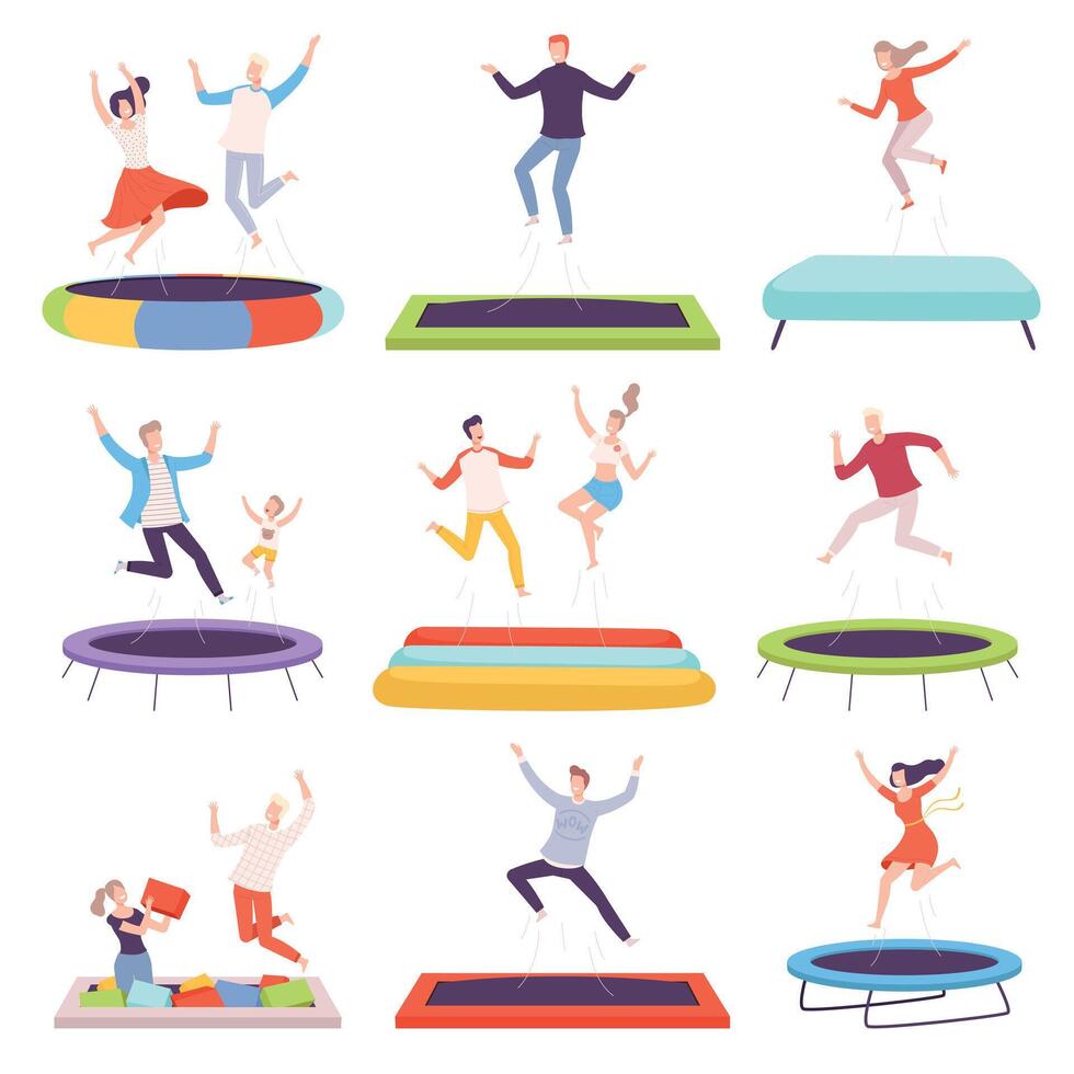 People Bouncing on Trampoline, Happy Men, Women and Kids Having Fun Together, Active Healthy Lifestyle Flat Style Illustration vector