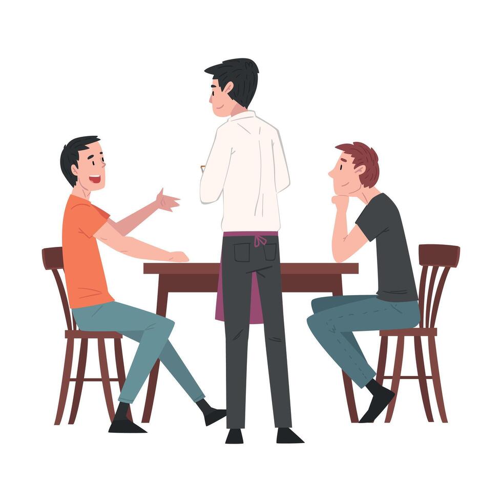 Two Guys Sitting at Table in Cafe and Waiter Serving Them, People Drinking Coffee and Relaxing at Coffeehouse or Coffee Shop Illustration vector