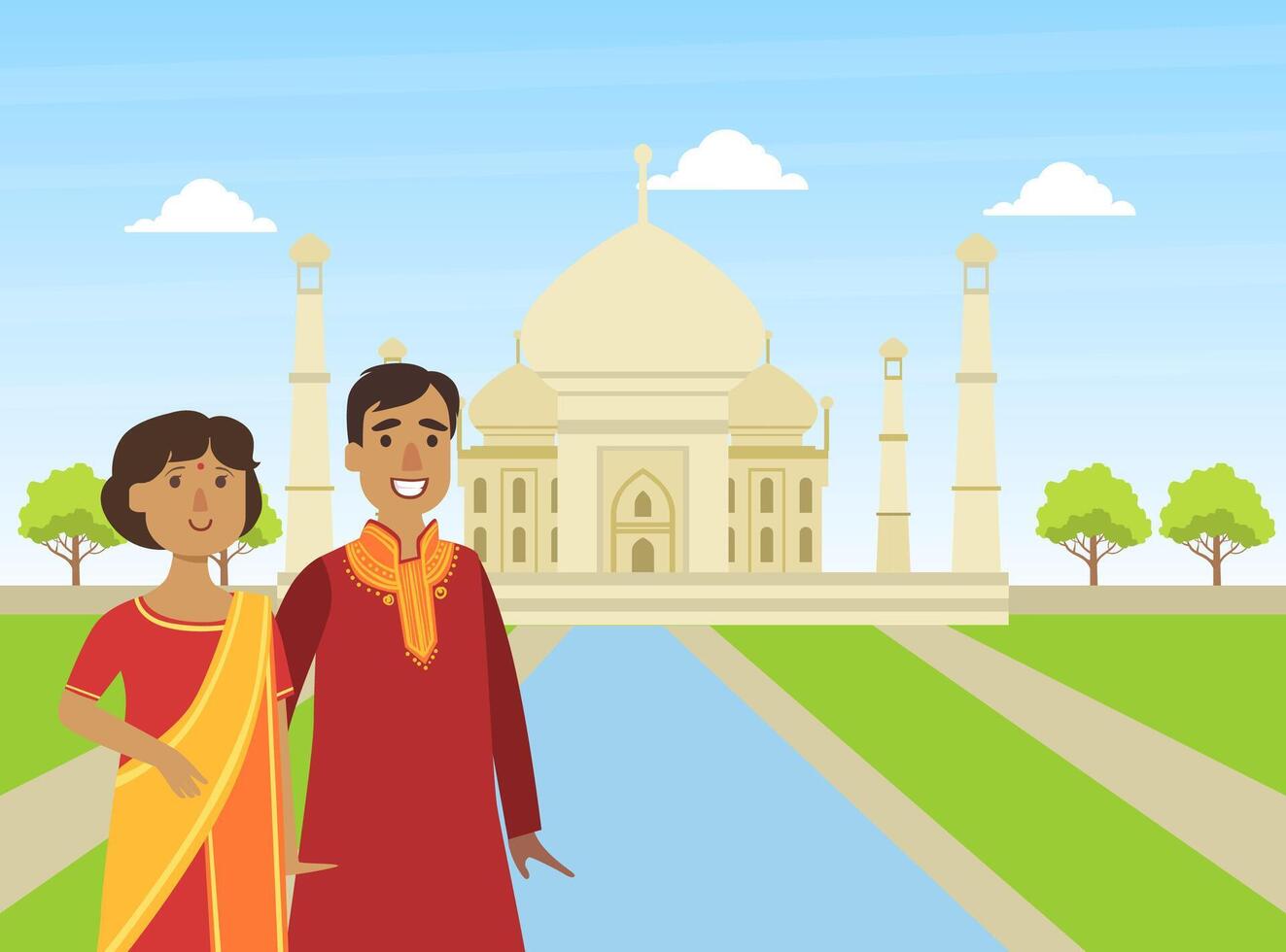 Indian Couple Wearing National Traditional Clothes Standing on on Background of Taj Mahal Building Illustration vector