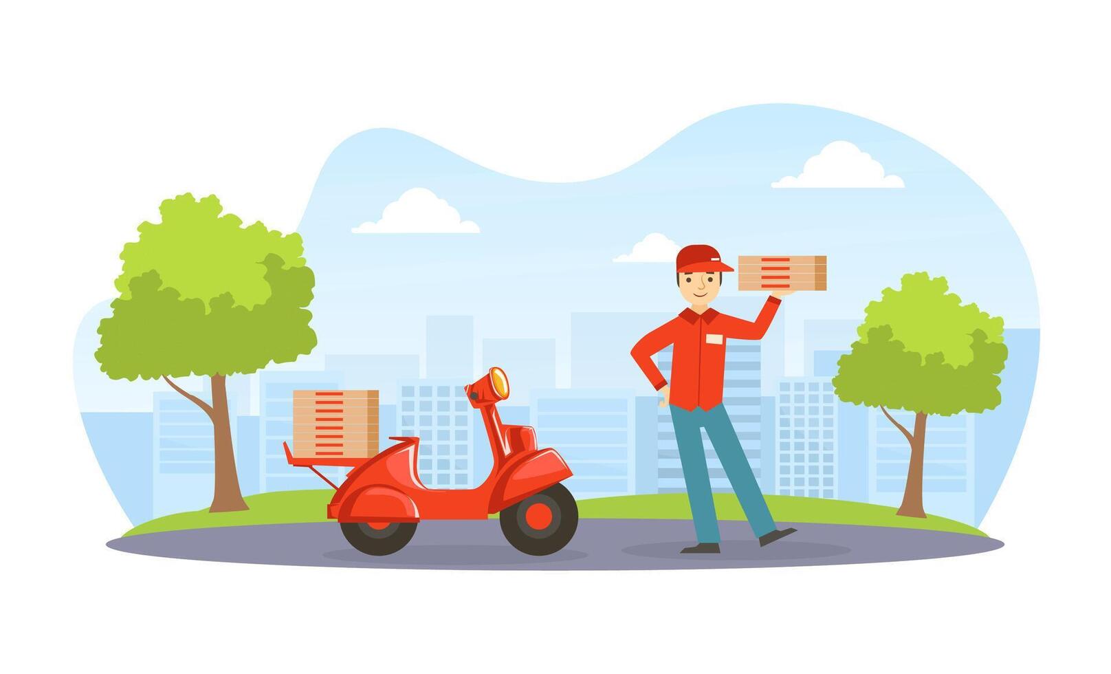 Pizza Express Delivery Service, Male Courier in Uniform Delivering Food with Motor Bike Flat Illustration. vector