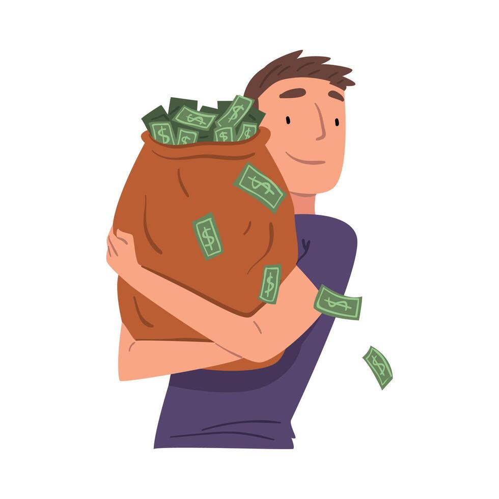 Successful Young Man Hugging Big Heavy Sack Full of Cash Money Illustration on White Background. vector