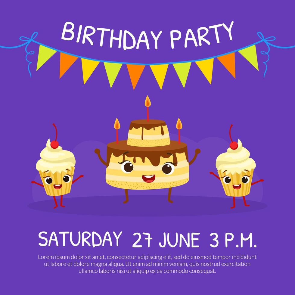 Birthday Party Invitation Card Template with Cute Funny Desserts Characters Illustration vector