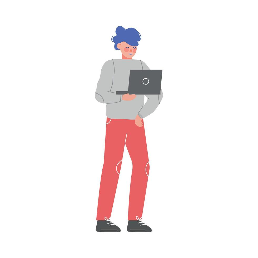 Male Business Character Standing with Laptop, Office Worker Employee Illustration vector
