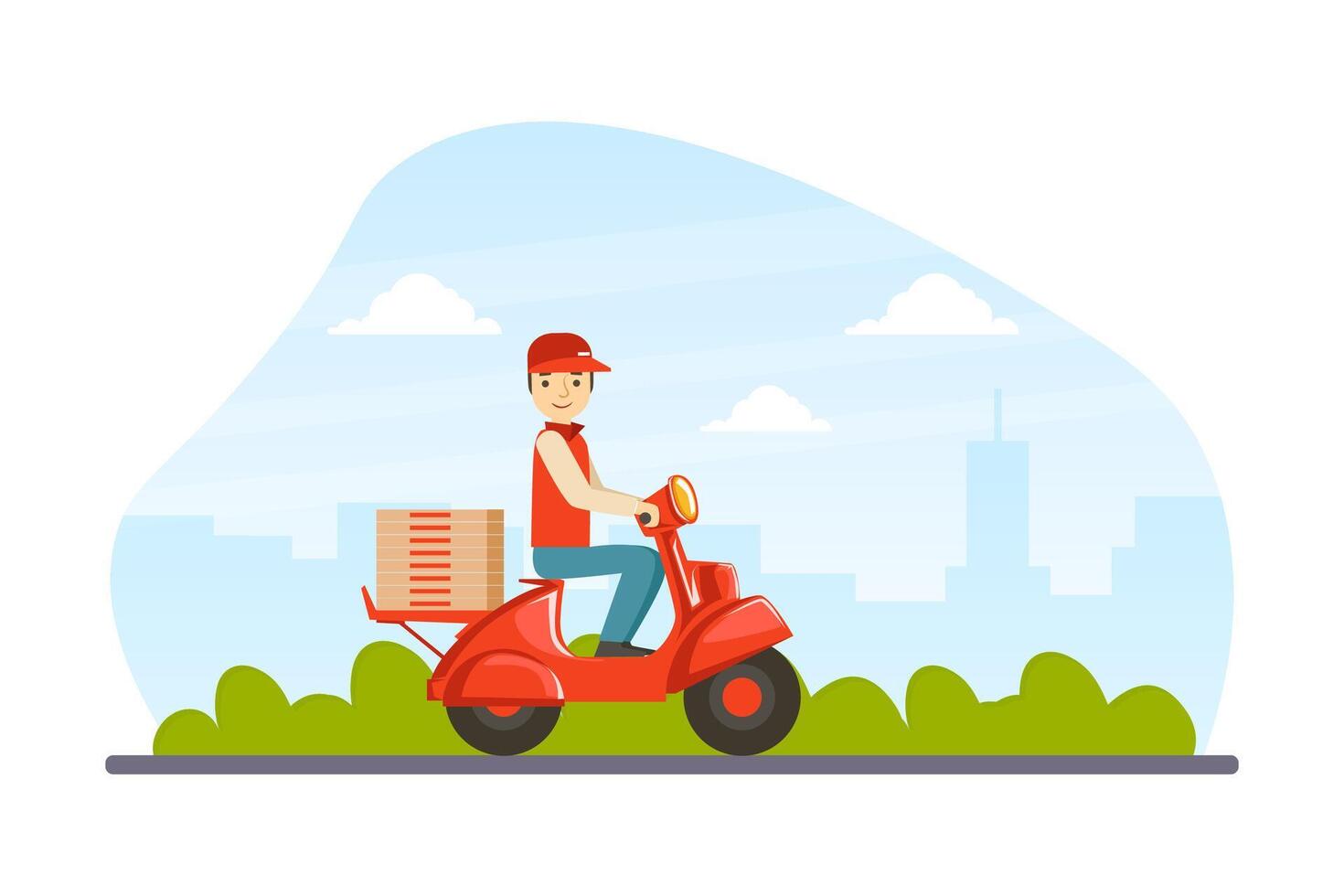 Express Delivery Service, Courier in Uniform Delivering Pizza with Motor Bike Flat Illustration vector