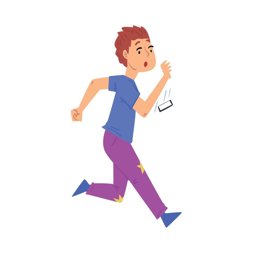 Boy Running and Dropping His Smartphone Cartoon Style Illustration on White Background vector