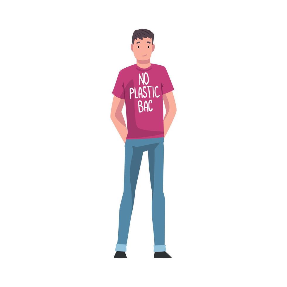 Young Man in T-shirt with No Plastic Bag Inscription, Male Eco Friendly Character, Zero Waste, Protection of Environment Concept Illustration vector