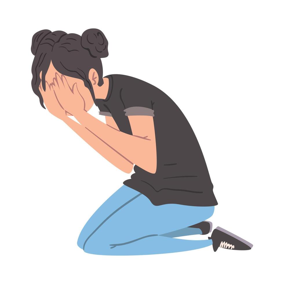 Panicked Man Sitting on the Floor on His Knees Covering her Face with her Hands, Anxiety or Panic Attack, Stressed or Depressed Nervous Person Illustration vector