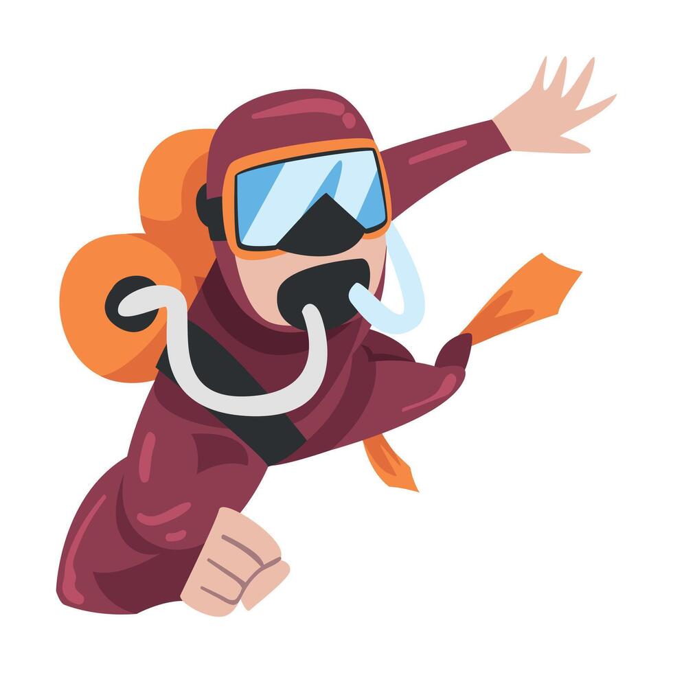 Diver in Wetsuit, Mask, Scuba and Flippers Diving in the Sea, Summer Water Sport, Extreme Hobby Cartoon Style Illustration vector