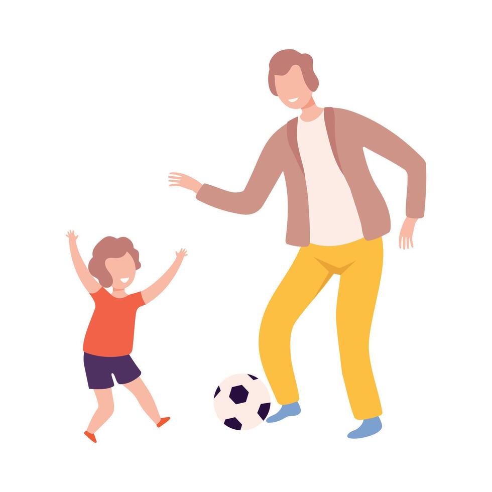 Father and Son Playing Soccer with Ball, Dad and Kid Doing Sports Together Flat Style Illustration vector