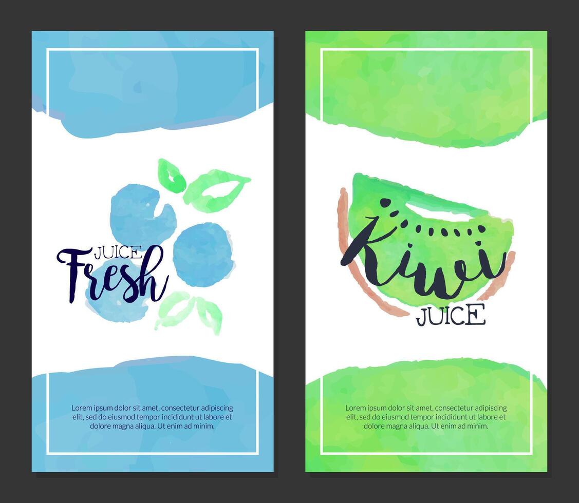 Fresh Juice, Banner Template Set, Sweet Fruits Drink Watercolor Vertical Hand Drawn Illustration vector