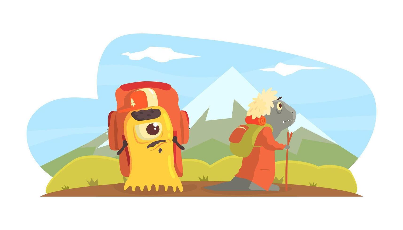 Cute Monsters Hiking and Camping with Backpacks, Funny Aliens Characters Travelling on Summer Vacation Illustration vector