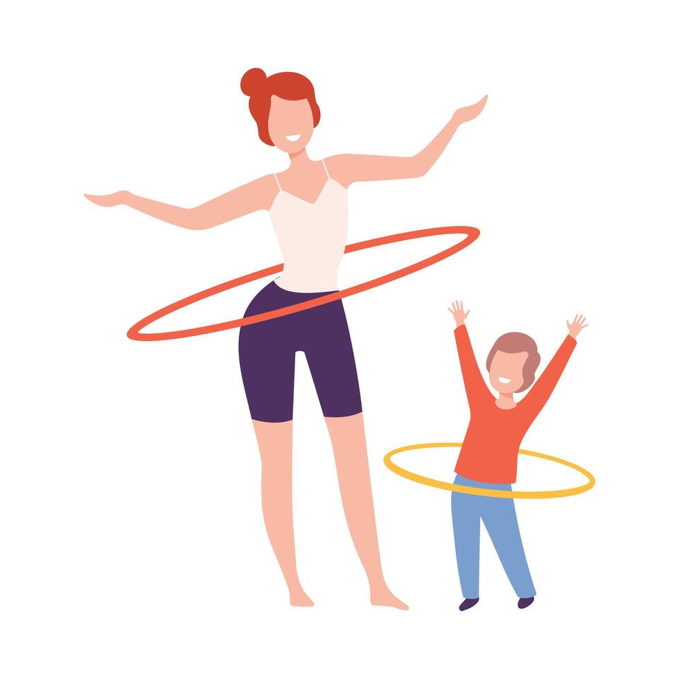 Mother and Son Doing Hula Hoop Rotating Workout Exercise, Mom and Kid Doing Sports Together Flat Style Illustration vector
