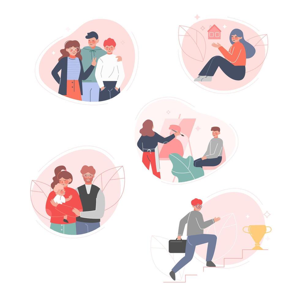 Human Thoughts and Needs Set, People Dreaming of Friendship, House, Family, Hobby, Success Flat Style Illustration vector