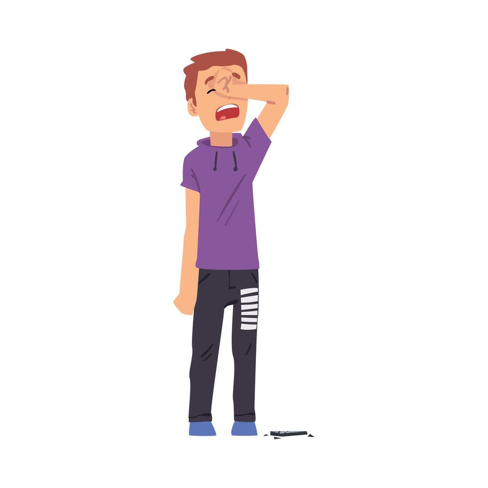 Upset Crying Boy with Broken Phone Cartoon Style Illustration on White Background vector