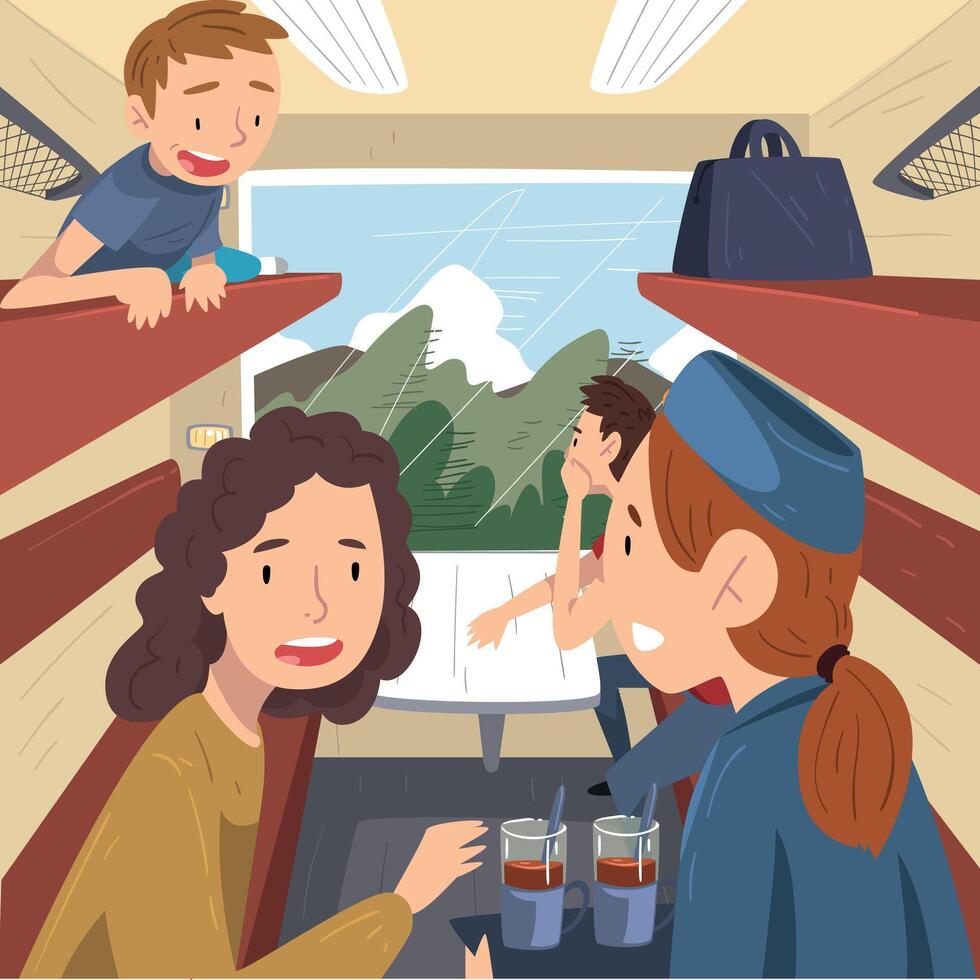 People Travelling by Train, Cheerful Men and Women Sitting in Passenger Railway Transport and Talking to Each Other, Train Interior Illustration vector