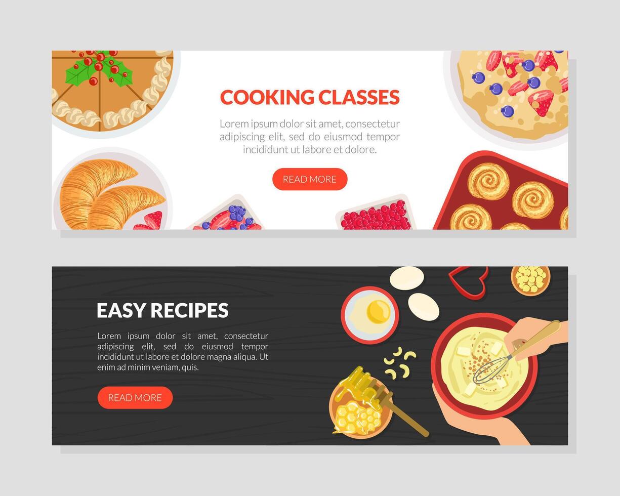 Cooking Classes, Tasty Easy Recipes Landing Page Templates Set, Cooking Course, Tasty Recipes, Online Food Ordering Website, App, Homepage Illustration vector