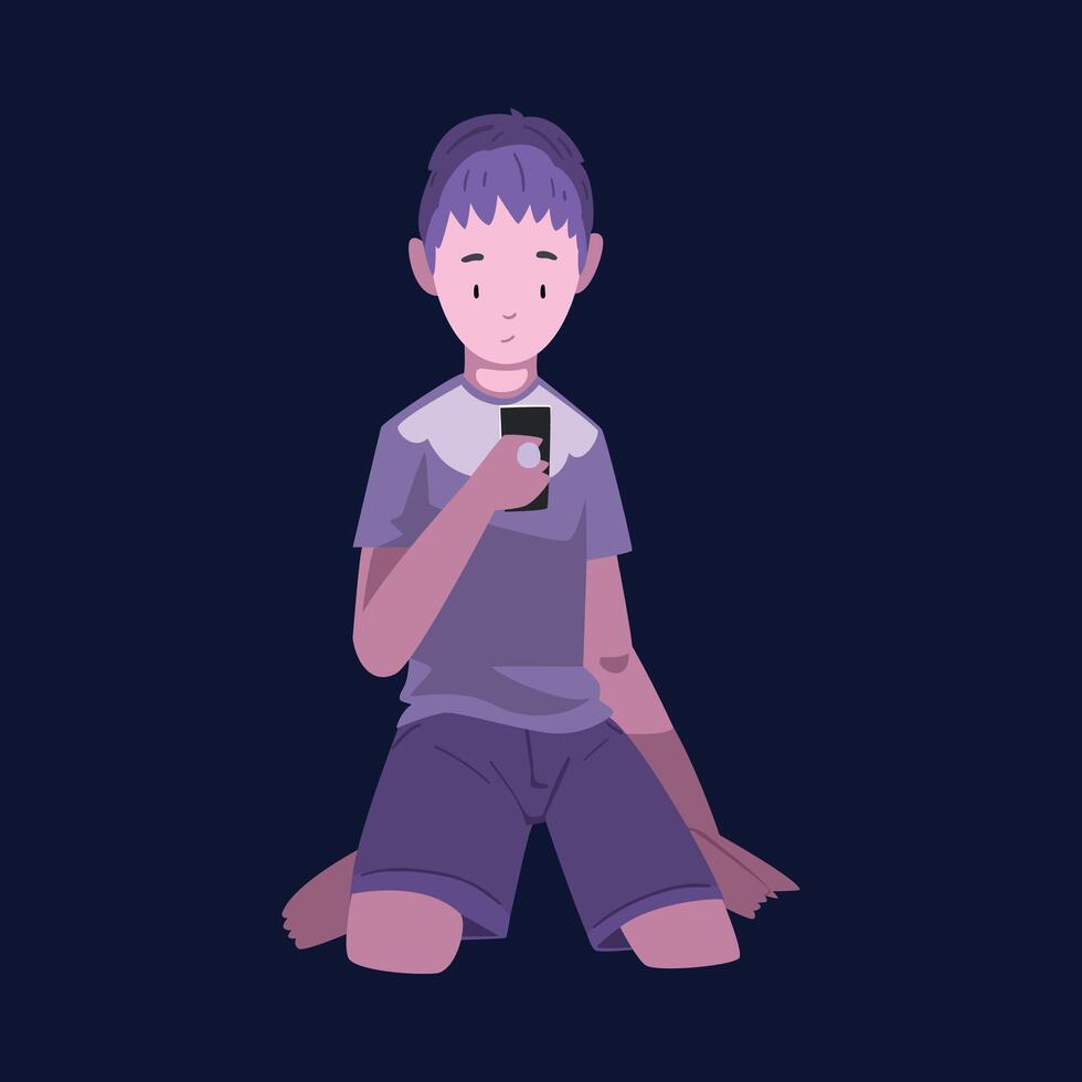Teen Boy in Pajamas Sitting with Smartphone at Night, Child Using Gadget for Playing Online Game or Chatting on Social Networks Illustration vector