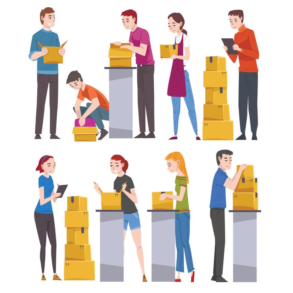 People Packing and Checking Cardboard Boxes in Warehouse Set, Male and Female Workers Preparing Goods For Dispatch Cartoon Illustration vector
