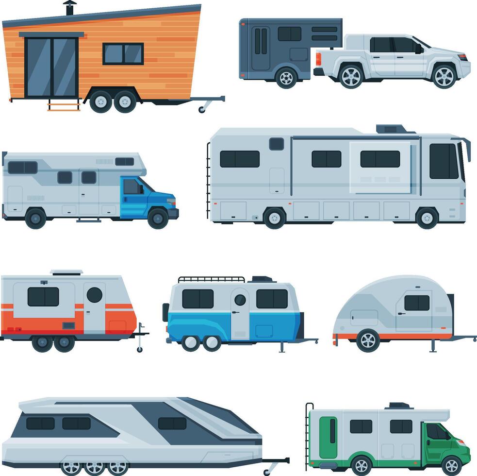 Travel Trailers Collection, Modern Mobile Homes for Summer Adventures, Family Tourism and Vacation Flat Illustration vector
