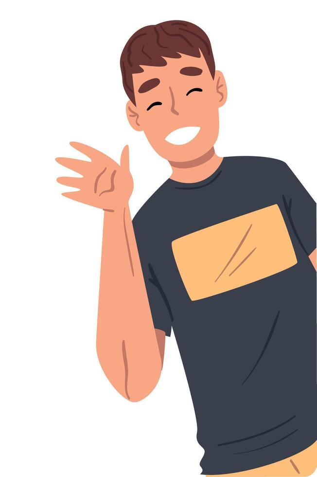 Cheerful Young Man Waving His Hand, Man Chatting Online via the Internet Using Smartphone Call or Talking Face to Face Illustration vector