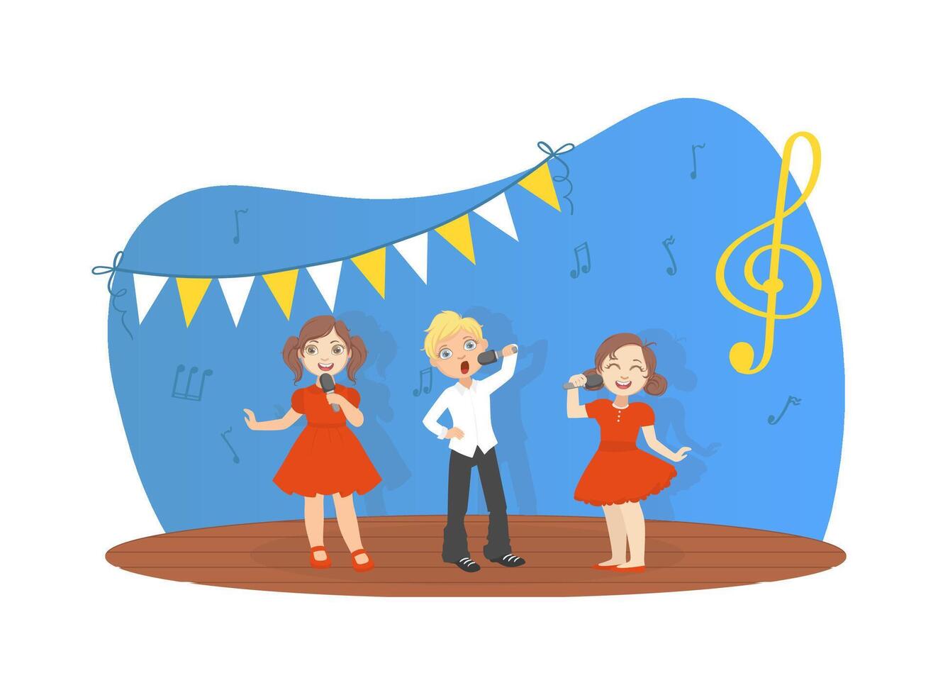 Cute Girls and Boy Singing on Stage, Talented Young Musicians Performing at Party, Concert or Music Festival Illustration vector