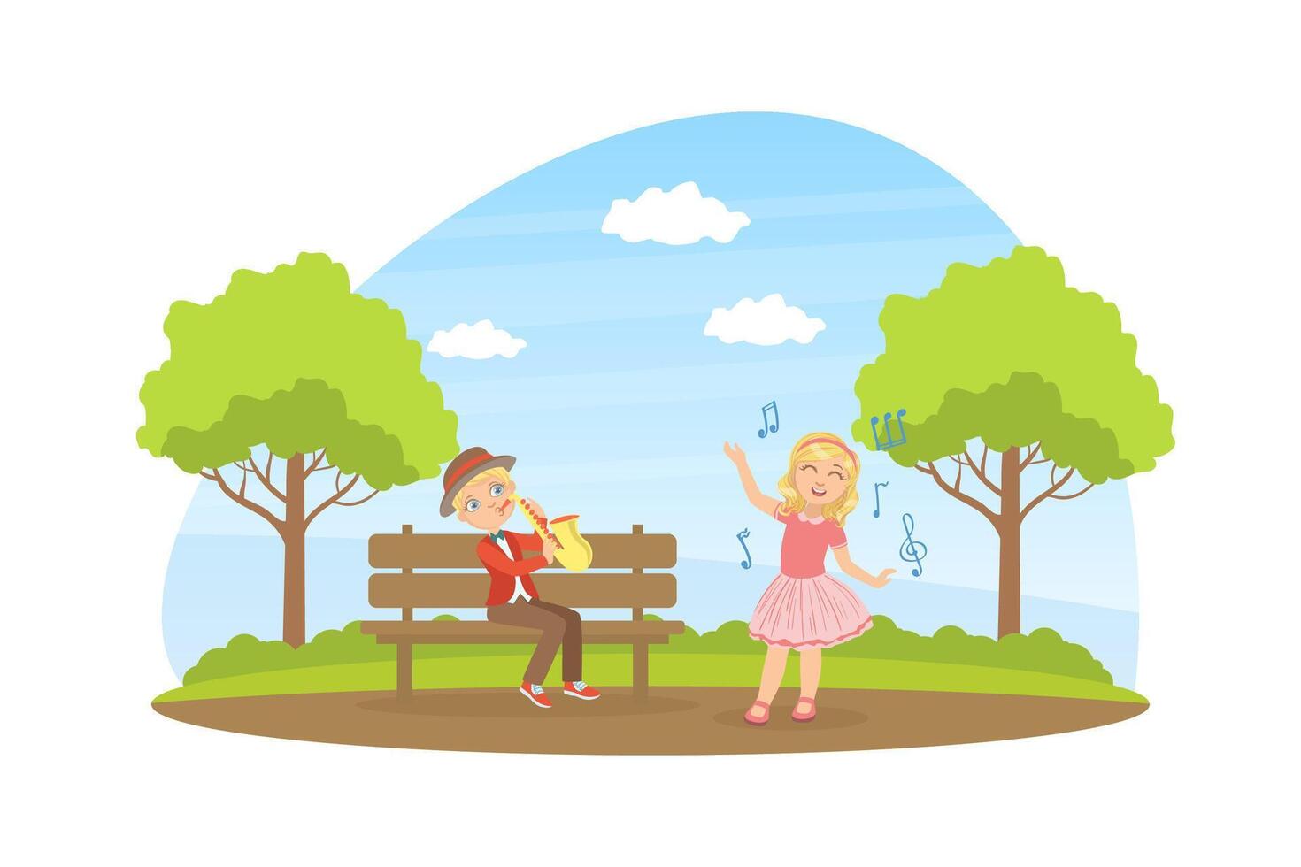 Cute Girl and Boy Playing Saxophone and Singing in the Park, Talented Young Musicians Performing Outdoors Illustration vector