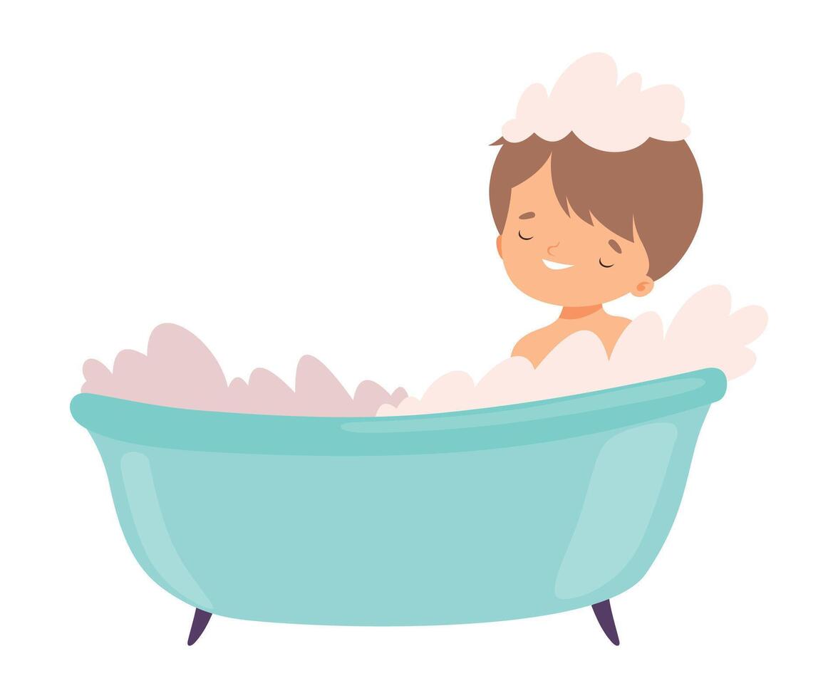 Cute Boy Taking Bath in Bubble Bathtub, Preschool Kid Daily Routine Activity Cartoon Illustration vector