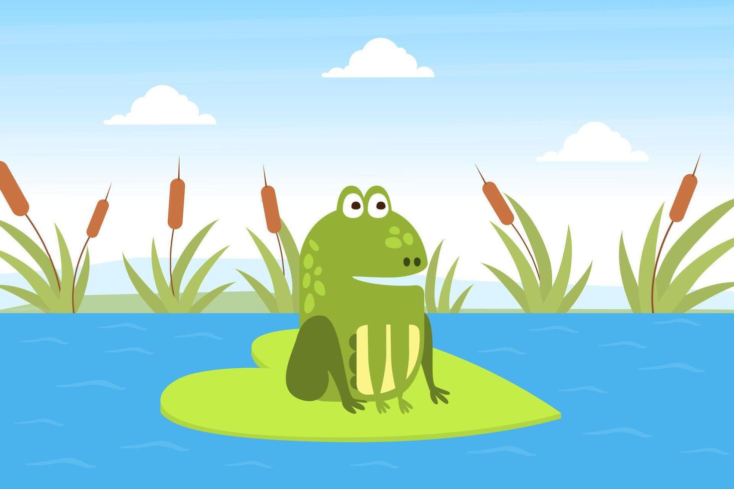 Green Funny Frog Sitting on Leaf in Pond, Cute Amphibian Creature on Lily Pad Cartoon Illustration vector