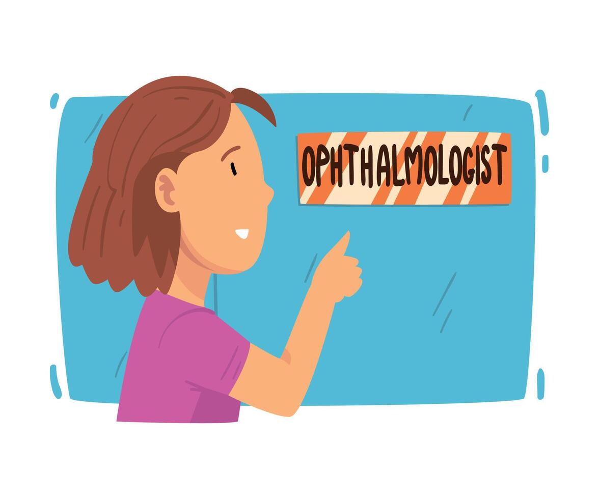 Girl Standing in front of Door of Ophthalmologist Cabinet and Reading Signboard, Ophthalmology Diagnostics, Vision Correction, Medical Treatment Cartoon Illustration vector