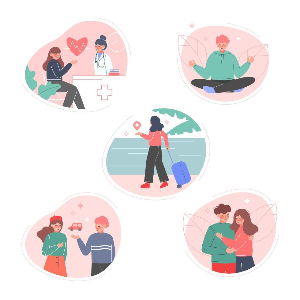 Human Thoughts and Needs Set, People Dreaming of Health, Vacation,Car, Relaxation, Romantic Relationship Flat Style Illustration vector