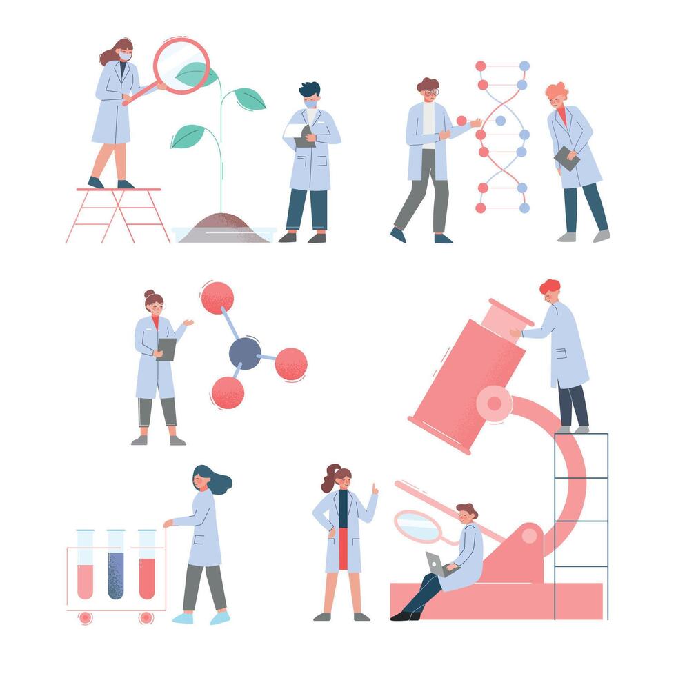Scientists in Lab, Team of Bioengineers in White Coat Doing Professional Science Researchers Flat Style Illustration vector