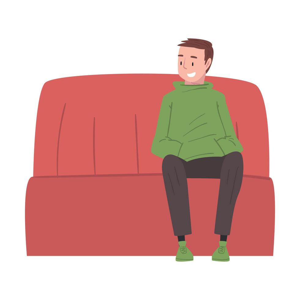 Smiling Man Sitting on Sofa, Cafe Visitor Character Illustration vector