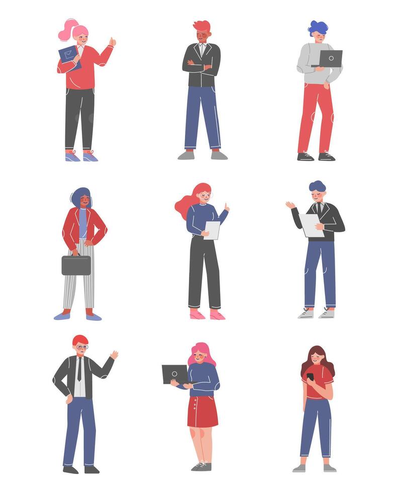 Male and Female Business Character Collection, Office Employees Standing with Folders and Documents Illustration vector