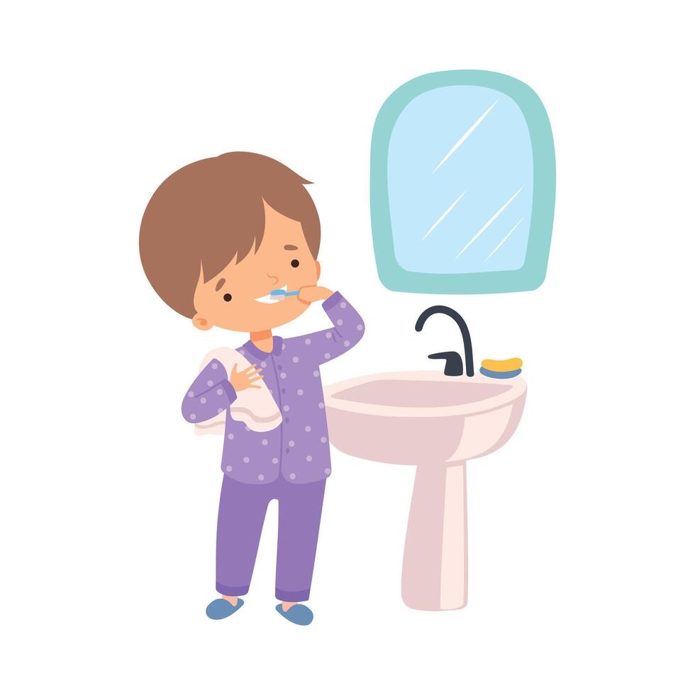 Cute Boy Brushing his Teeth in Bathroom, Preschool Kid Daily Routine Activity Cartoon Illustration vector