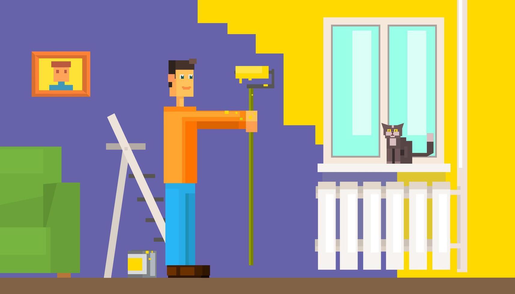 Home Renovation, Man Painting Wall at New Apartment Illustration vector