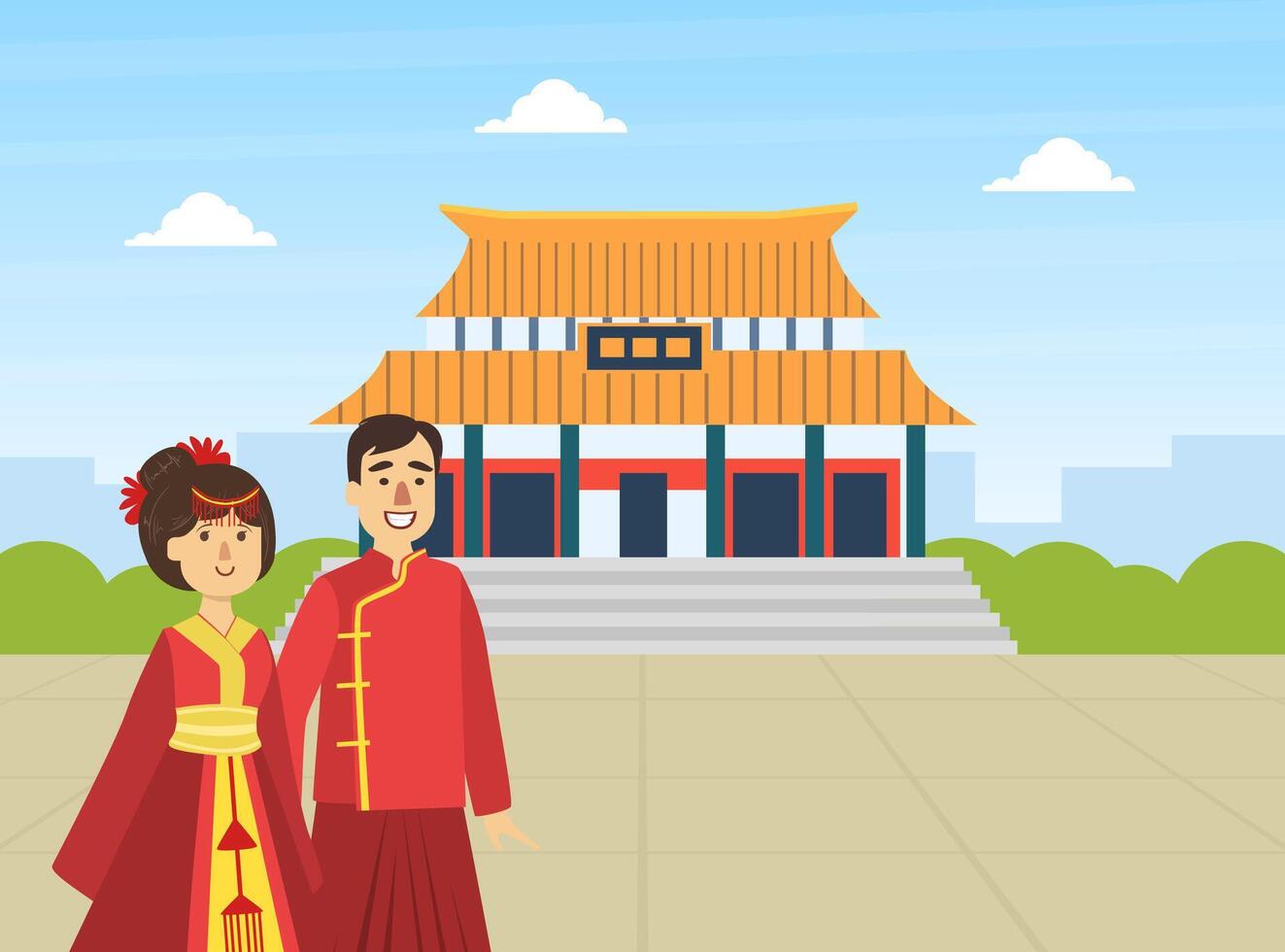 Asian Couple Wearing National Clothes Standing on Summer Landscape with Traditional Pagoda Building Illustration vector