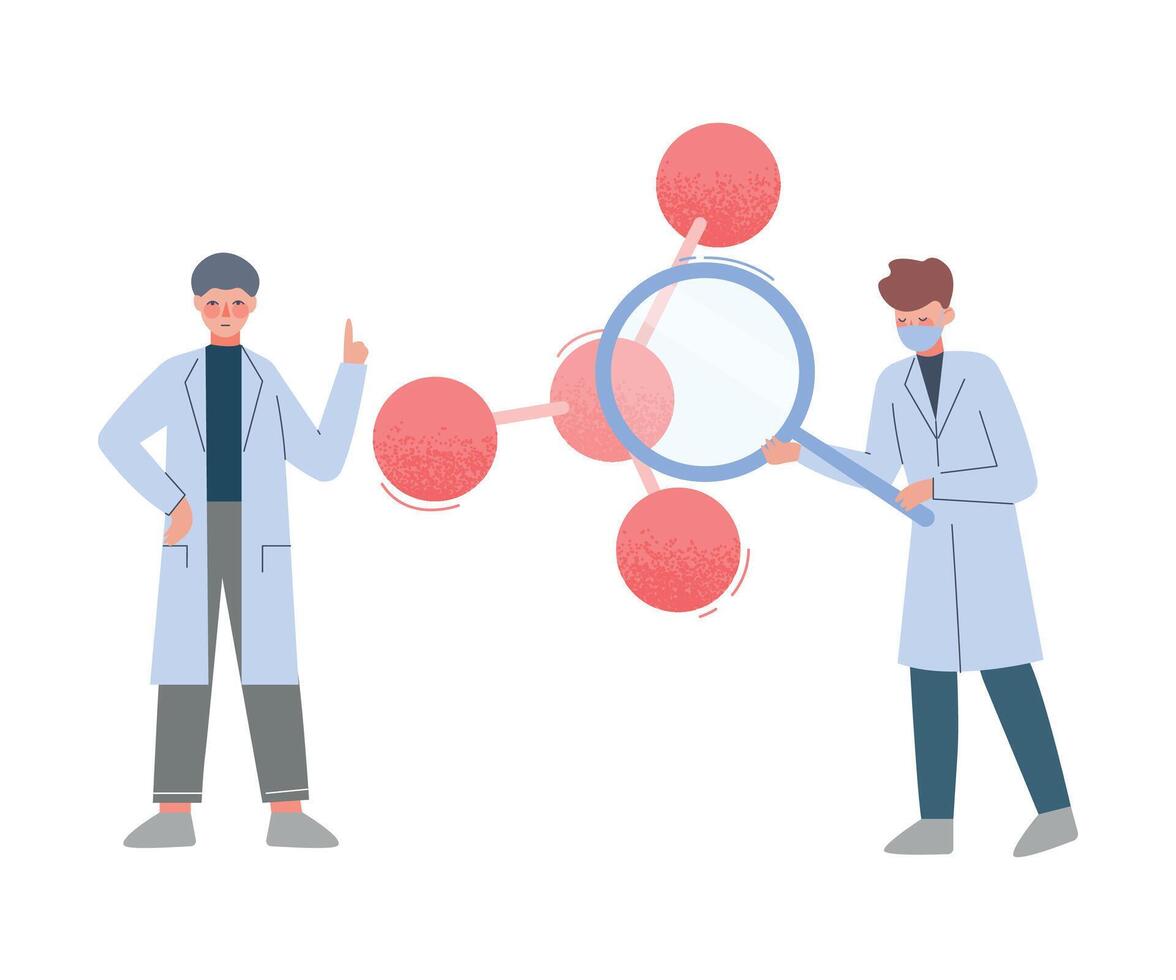Scientists in Lab, Men in White Coat Analyzing Molecular Structure with Magnifying Gass Flat Style Illustration vector