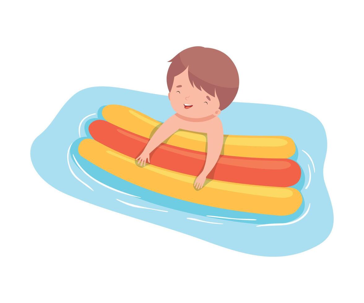 Cute Boy Floating with Inflatable Mattress, Kids Summer Activities, Adorable Child Having Fun on Beach on Holidays Cartoon Illustration vector