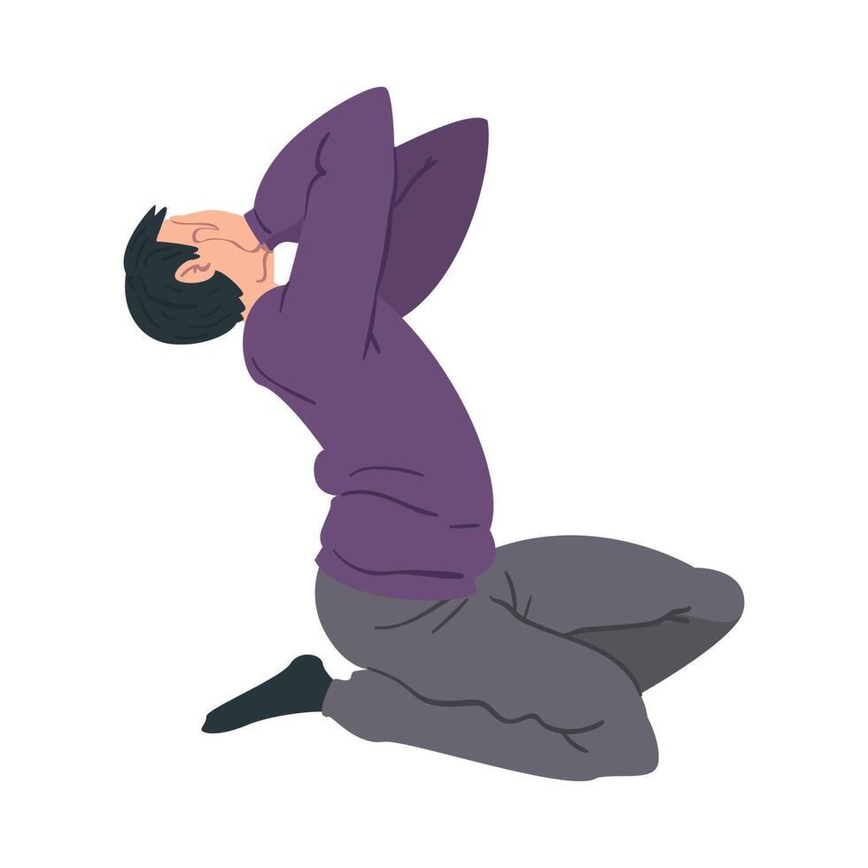 Panicked Man Sitting on the Floor on His Knees Holding Hands on Head, Anxiety or Panic Attack, Stressed or Depressed Nervous Person Illustration vector