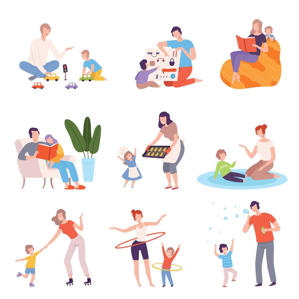 Parents and Kids Spending Time Together at Home Set, Fathers and Mothers Playing, Reading, Cooking and Doing Sports with Their Children Flat Style Illustration vector